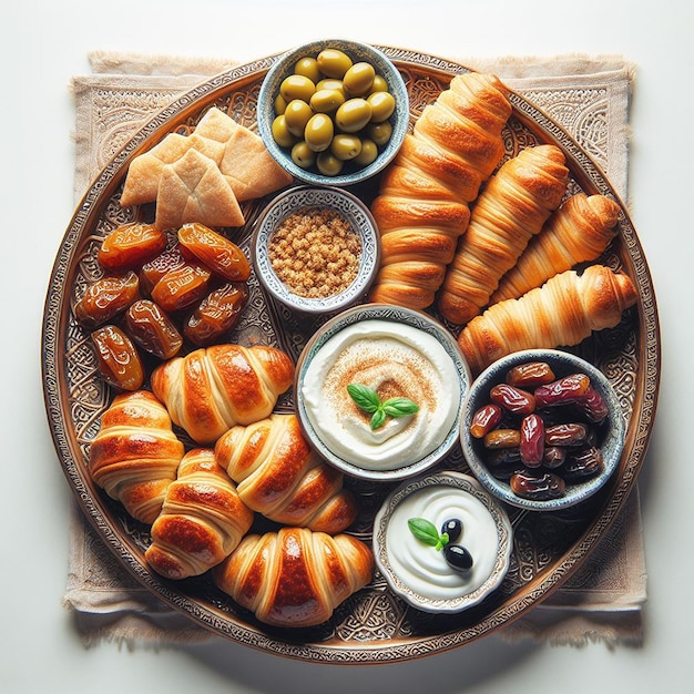 TopDown View of Traditional Iftar Spread with Pastries Dates Olives and Labneh on Decorative Platte