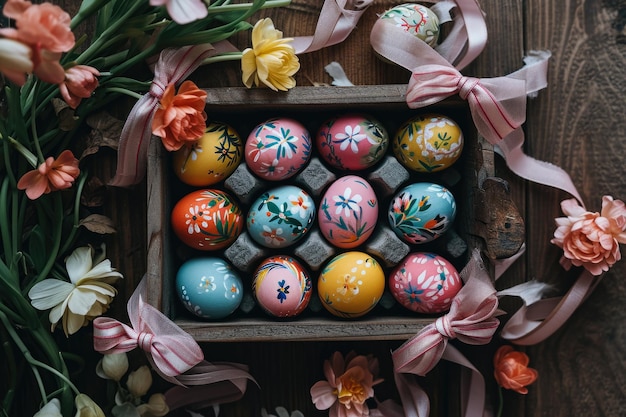 topdown view of a tray of painted Easter eggs The tray is made of wood and there are ribbons and bows around it