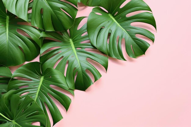 A topdown view of tropical Monstera leaves placed on a pink background in a flat lay composition