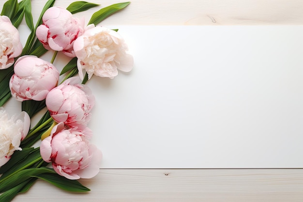 The topdown view of a white table beautifully adorned with pink peony flowers creates a striking vi