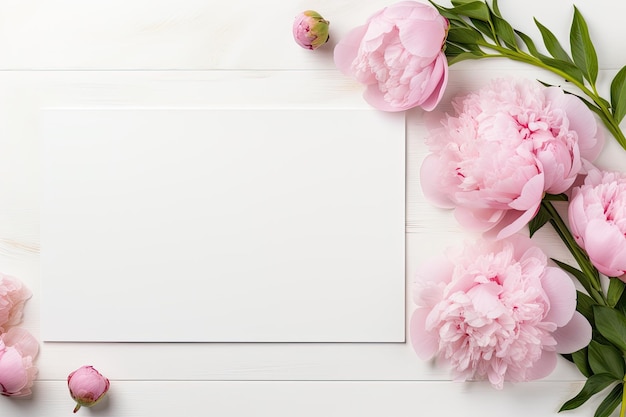 The topdown view of a white table beautifully adorned with pink peony flowers creates a striking vi