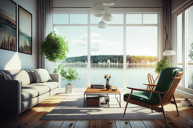 美しい湖の景色を背景に望む最上階のアパートメント