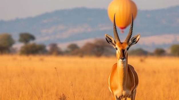 Topi antilope staat in de savanne op de achtergrond van een vliegende ballon Afrika Kenia