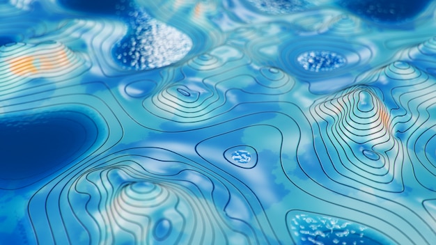 Topographic 3D map with water. Contour lines on a topographic map