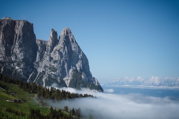 Toppen van Schlern in de Seiser Alm met wat mist over bos Dolomieten Alpen Italië