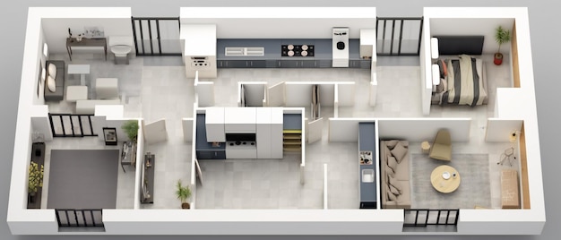 TopView 3D Illustration of House Floor Plan