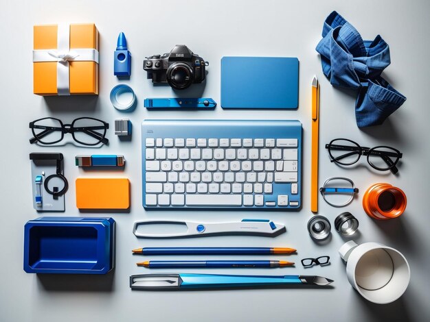 Photo topview blue desk table organized office tools on colorful workspace