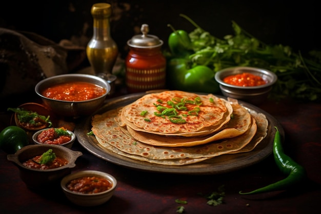 Topview of delicious south indian dosa with chutney and sambar a traditional vegetarian