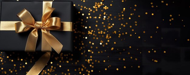 Foto scatola regalo topview con nastro nero e confetti dorati