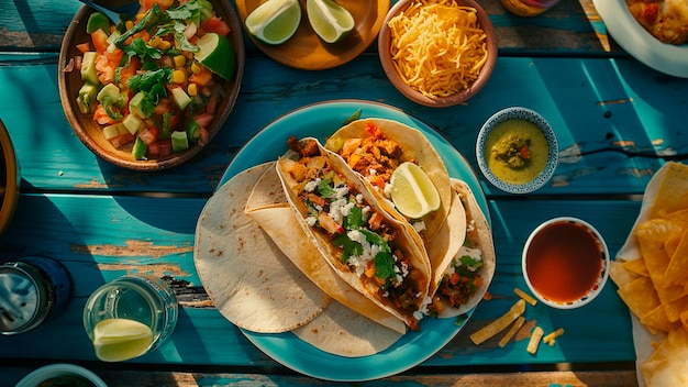 Foto topview mexicaans eten op levendige kleuren tafel