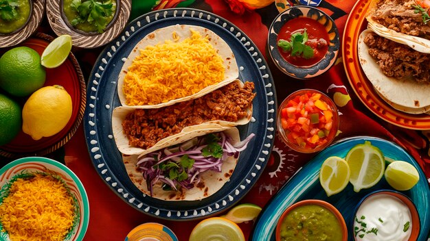 Topview mexican food on vibrant colors table