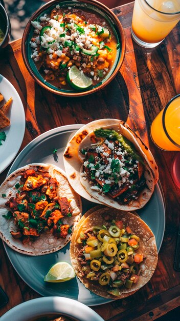 Topview mexican food on vibrant colors table