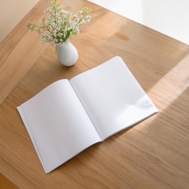 topview mockup of a blank magazine on a desk with a flower vase