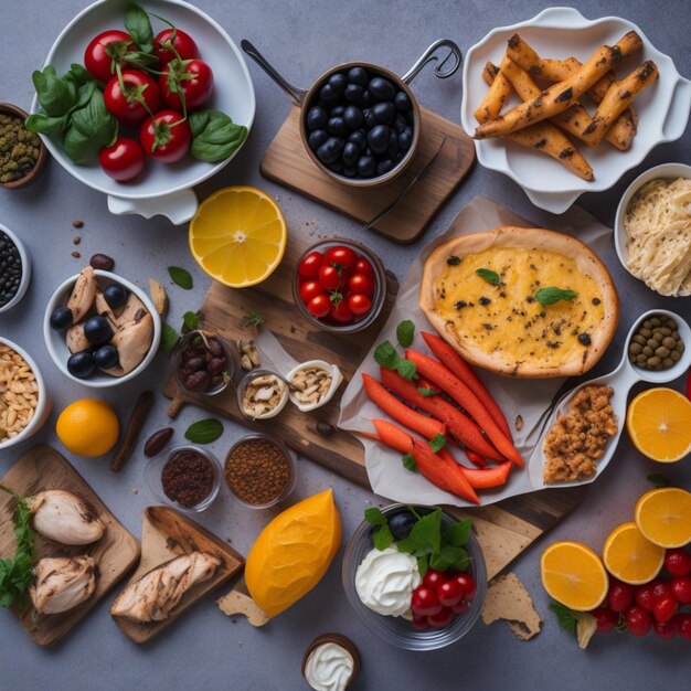 Photo topview table overflowing with delicious food composition ai generated