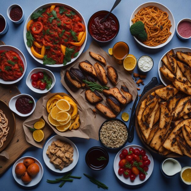 Фото Стол topview переполнен вкусными блюдами, созданными с помощью искусственного интеллекта