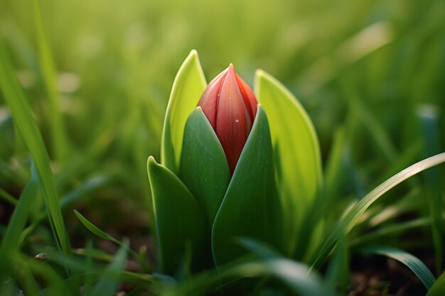 A topviewed tulip bloom yet to be revealed rests against lush greenery