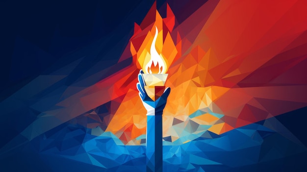 Рука, сделанная из олимпийских лент, держит кубок с факелом на синем фоне в стиле геометрического треугольника Олимпийских игр