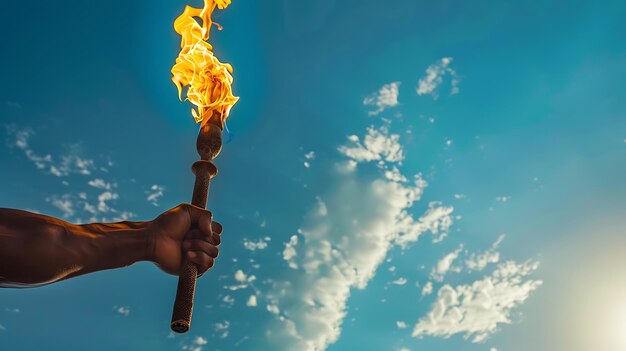 Torch in hand against blue sky with white clouds Closeup