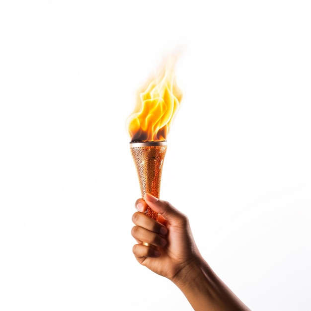 Photo torch with fire holding the hand of man on white