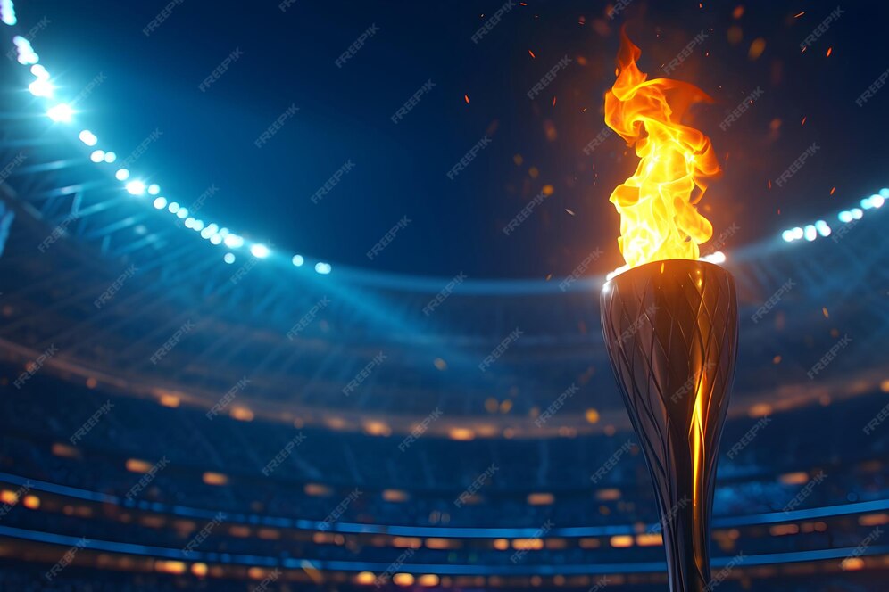 Premium Photo Torch with flame on blurred dark background with lights