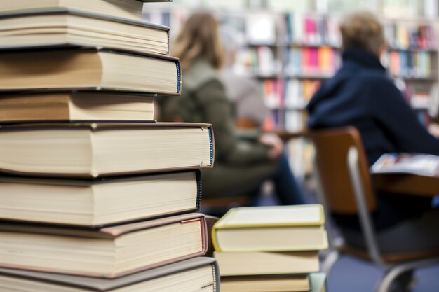 Torenhoge boekstapels in de bibliotheek met studenten