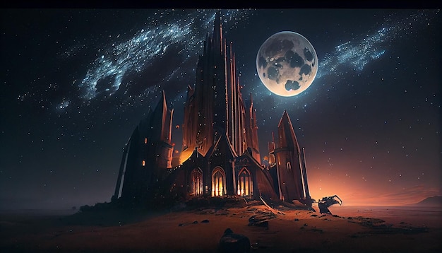Torenhoge magische gotische school kathedraal tijdens volle maan Generatieve ai illustratie