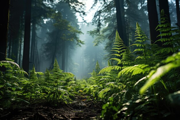 torenhoge redwood bos waar het zonlicht filtert door de luifel ai gegenereerd