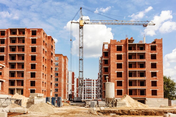 torenkraan en betonnen knoop op de bouwplaats van een bakstenen huis