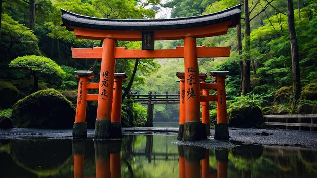 Photo a torii gate adorned with intricate carvings and symbols in a serene forest setting