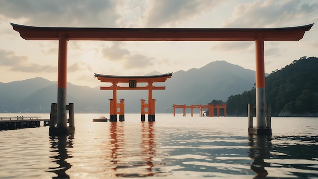 Photo a torii gate is standing in the water with mountains in the background