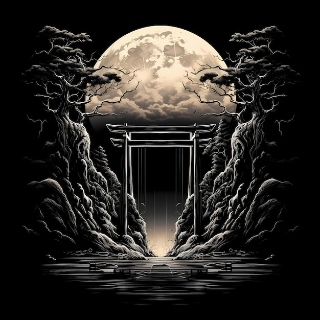 torii gate shintoism tshirt tattoo design dark art illustration isolated on black background