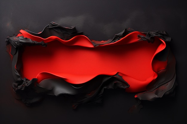 Рваное черное полотно раскрывает страстный красный цвет в абстрактной композиции