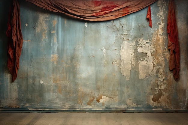 写真 崩れかけた石膏の壁を背景に、引き裂かれた汚れた色あせた劇場の赤いカーテン