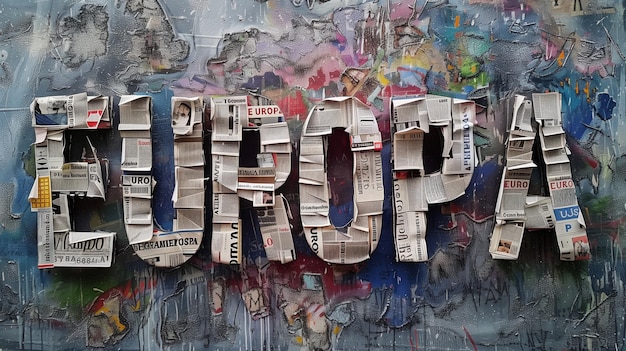 Torn newspaper collage spells europa on a colorful graffitied background