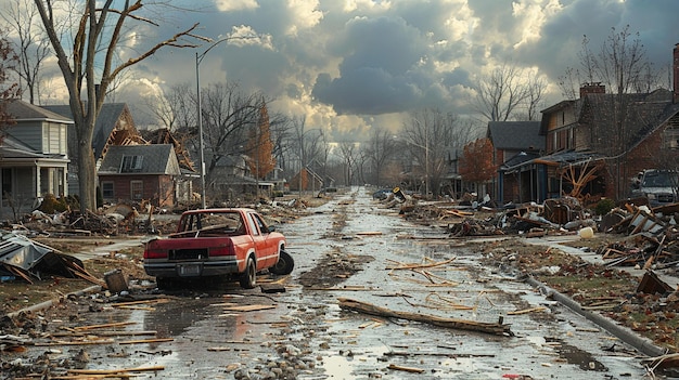 Photo tornado damage in a suburban neighborhood background