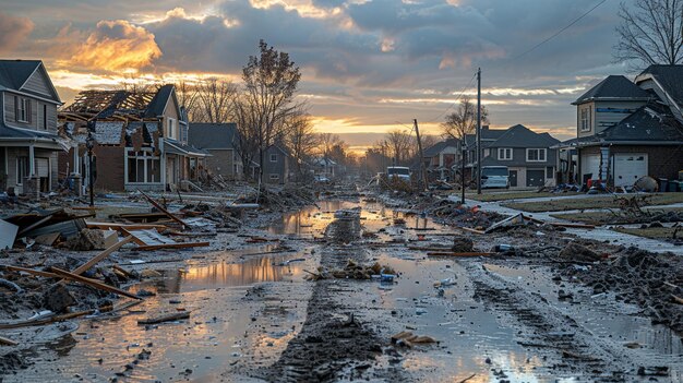 Photo tornado damage in a suburban neighborhood background