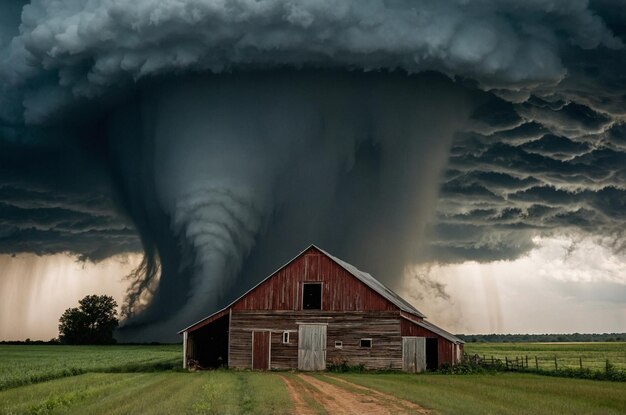 Photo tornado destroying a barn