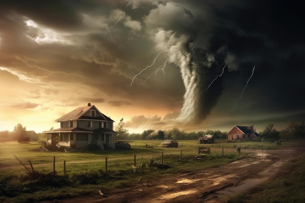 Торнадо разрушает населенный ландшафт с домом на пути.