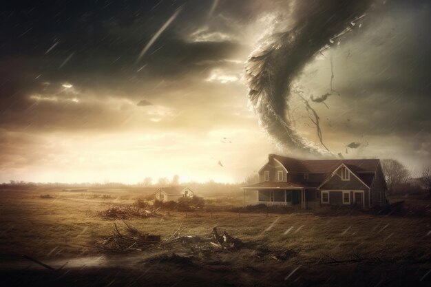 Торнадо разрушает населенный ландшафт с домом на пути.