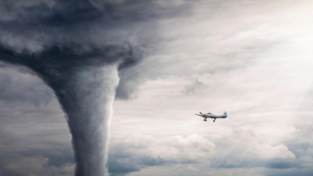 Tornado horizontaal beeld bekijken met vliegtuig in de buurt van tornado Natuurkrachtconcept Klimaatverandering W