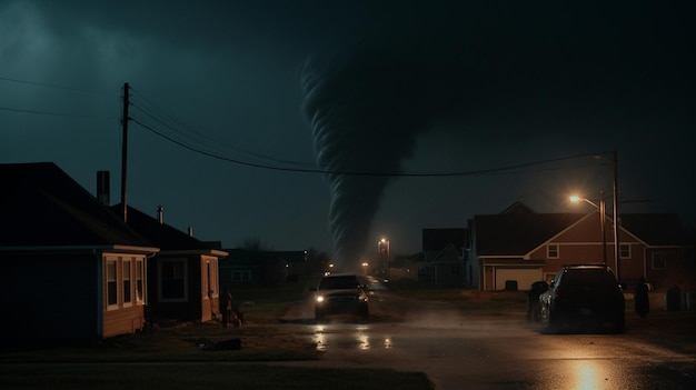 A tornado is seen in a dark street.