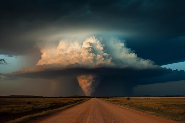 Photo a tornado is seen in the distance with a cloud in the sky above it.