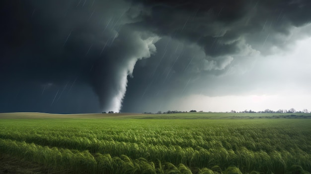 A tornado is seen over a field of wheat.