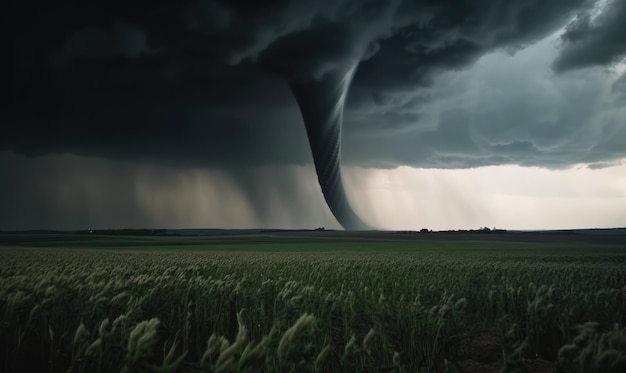 A tornado is seen over a field of wheat.