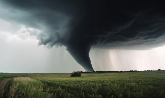 A tornado is seen over a field.