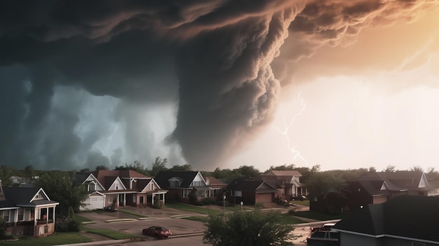 Tornado in a middle of a american town destroying all houses