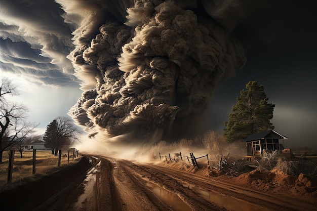 Фото Сильный торнадо поднимает пыль в сельском ландшафте генеративный иа