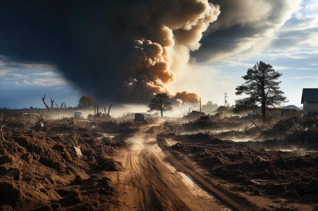 Tornado overwhelming raises dust in rural landscape generative IA