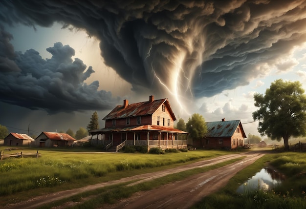 Photo tornado and ranch farm house generative ai