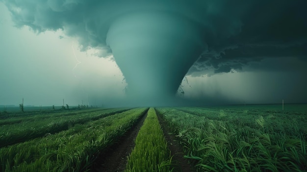 Tornado's die over een groene landbouwgrond passeren Generatieve Ai